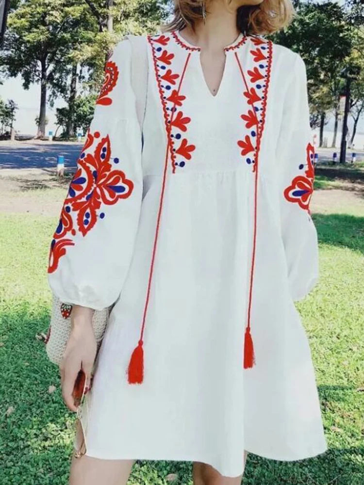 Retro Ethnic Embroidered Dress - Lantern Sleeves Bohemian Holiday Dress