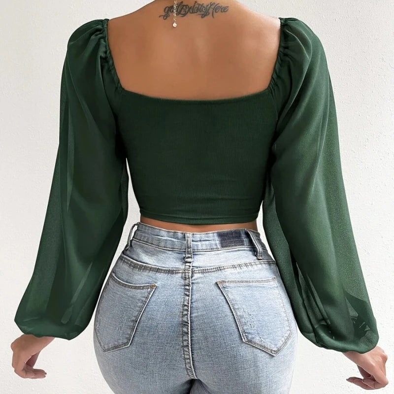 Puff-Sleeve Close-Fitting Lace-Up Top