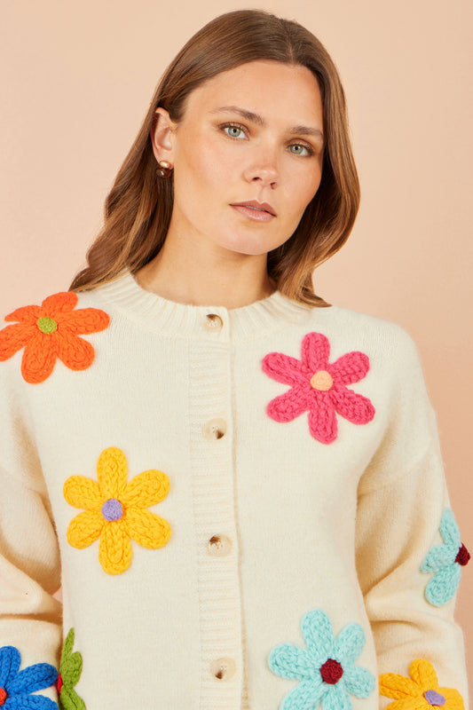 Ivory Knitted Flower Applique Cardigan