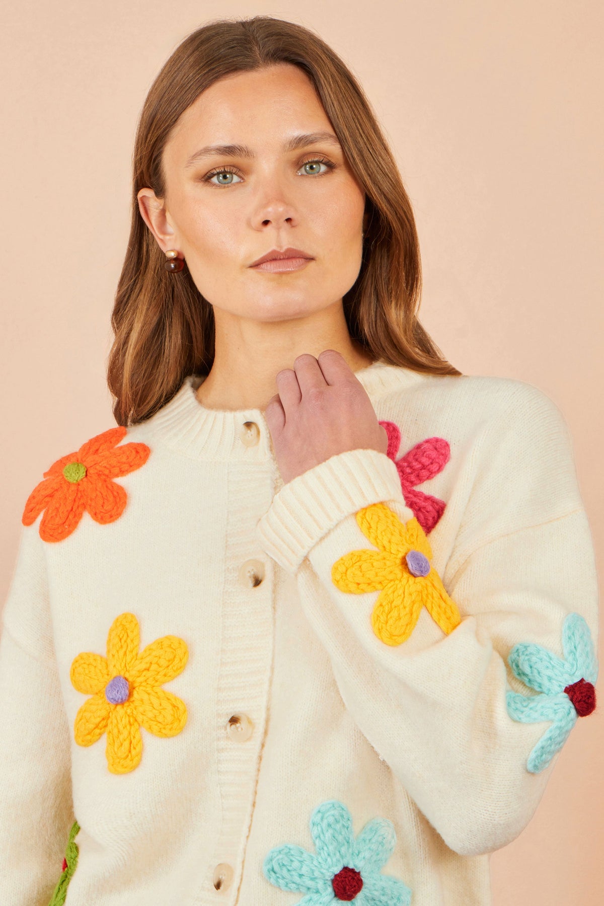 Ivory Knitted Flower Applique Cardigan