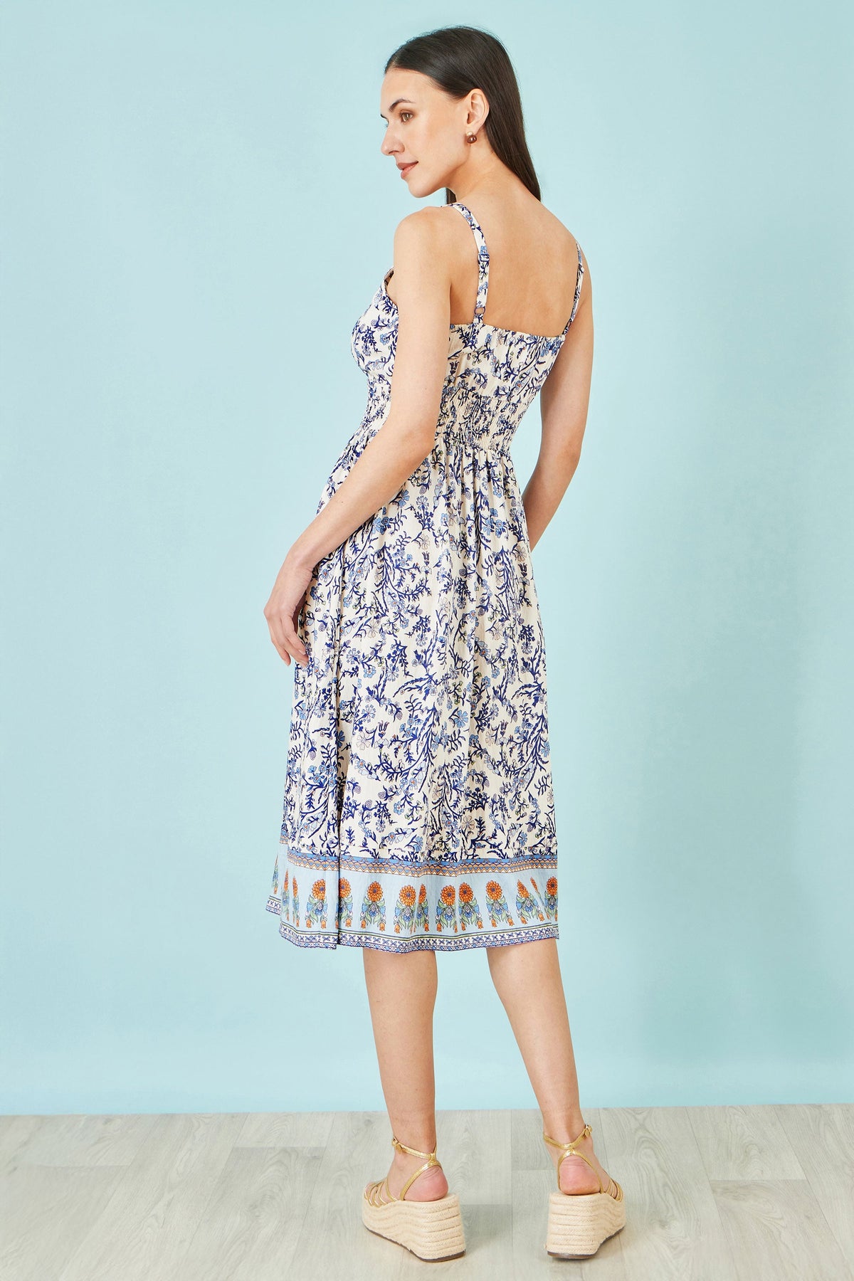 White Floral Border Print Viscose Midi Sun Dress