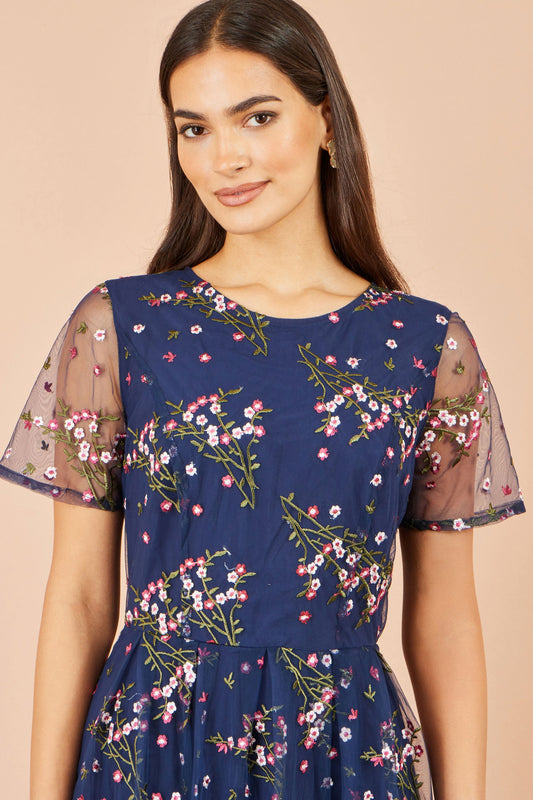 Navy Embroidered Floral Mesh Prom Dress