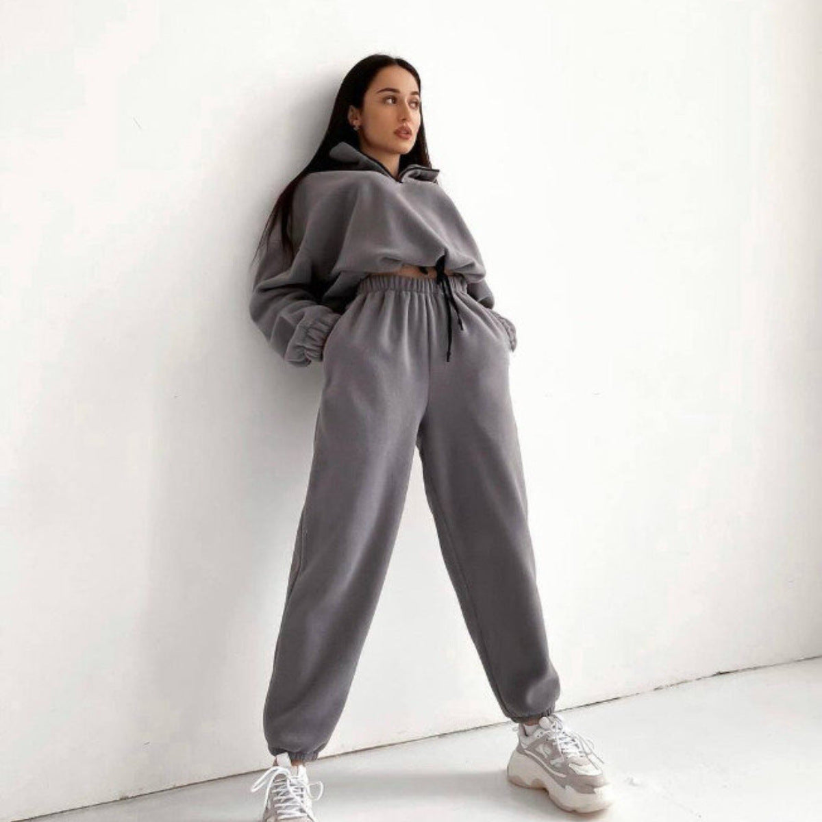 Loose Zipper Stand Up Collar Hoodie Two-piece Set