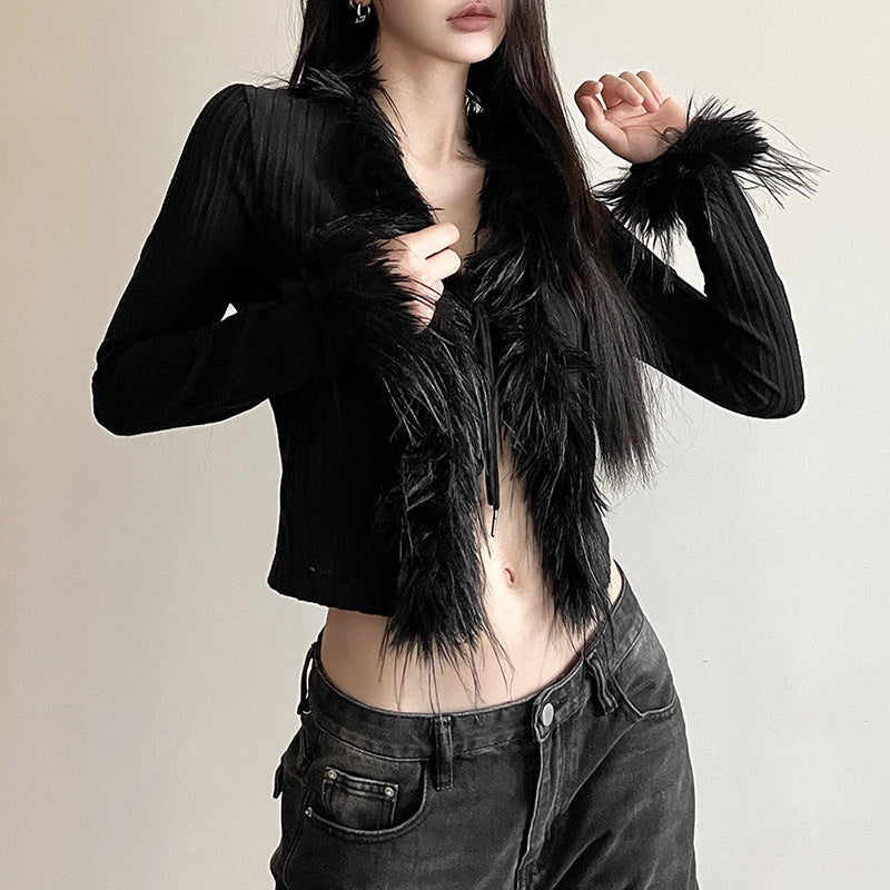 Knitted Plush Lace-Up Waist-Tight Navel-Out Top
