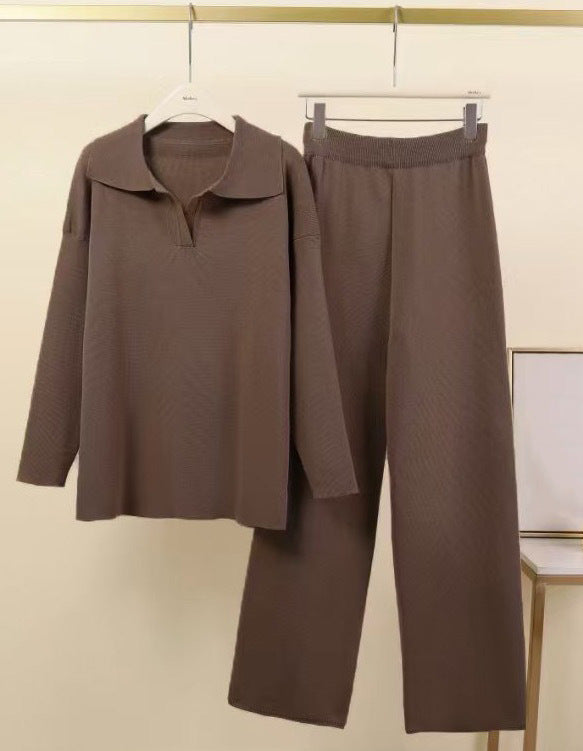 In Stock Springsummer Knit Polo-neck Long-sleeve Pullover And Trousers Two-piece Set