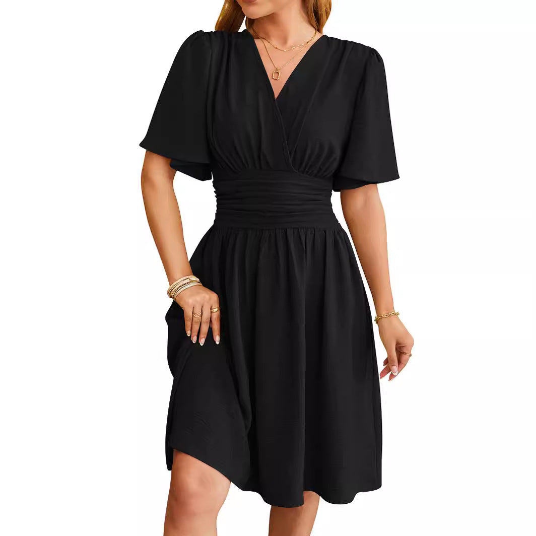 V-Neck Fitted-Waist Flare-Sleeve Midi Dress