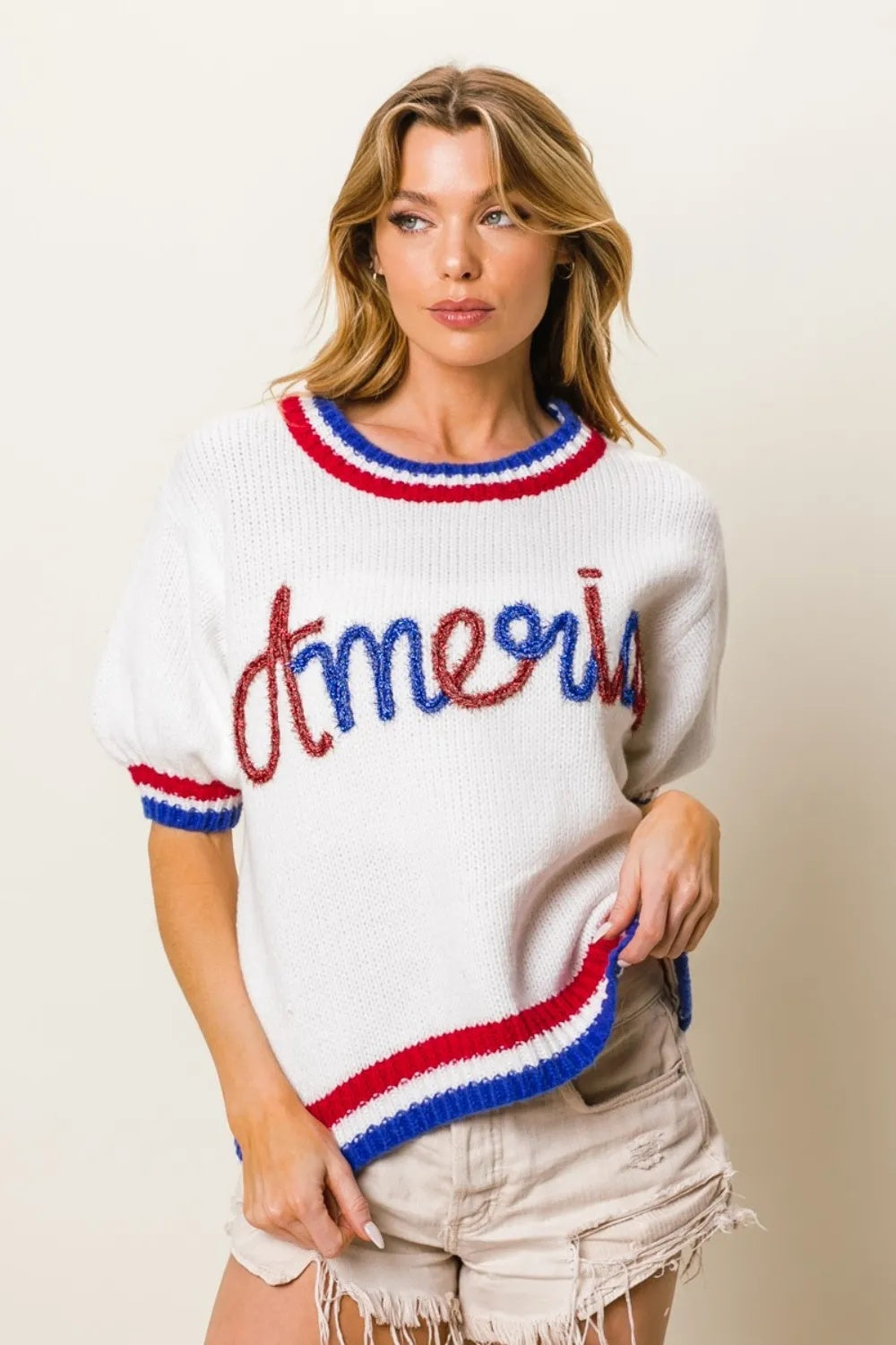 Metallic America Letter Short-Sleeve Sweater - US Only