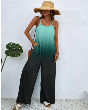 Printed Suspender Long Pants Jumpsuit