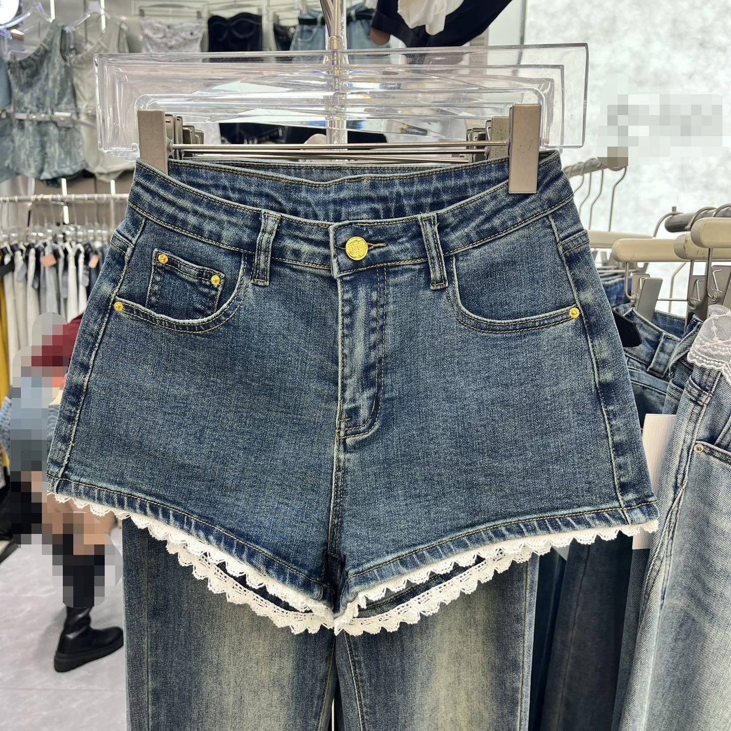 Lace-Edge Denim Shorts