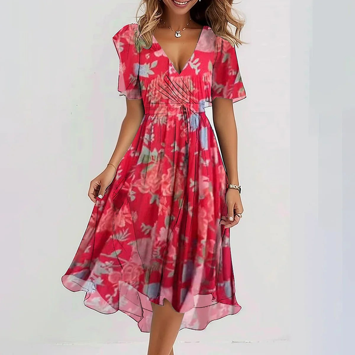 Chiffon Printed Short-Sleeve Dress