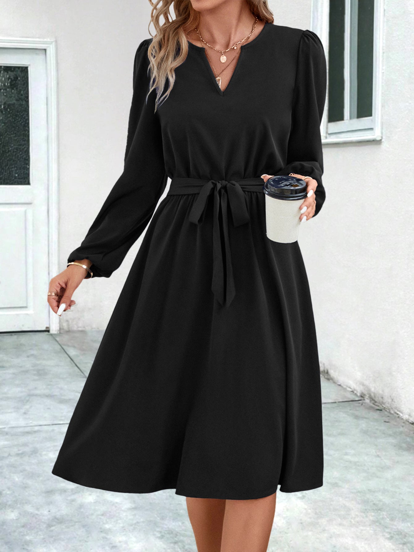 European & American Style Long-Sleeve Small V-Neck Lace-Up Dress