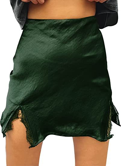 Women's Satin Lace Furcal Lower-Hem Zipper High-Waist Mini Skirt