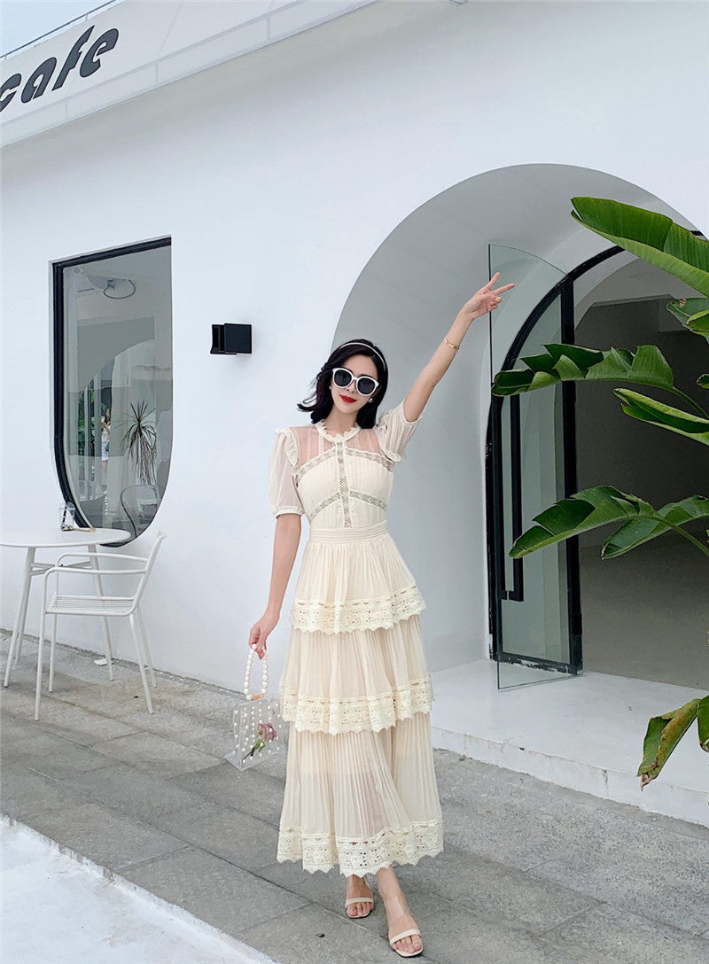 French-Style Short-Sleeved Cake-Skirt Long Dress