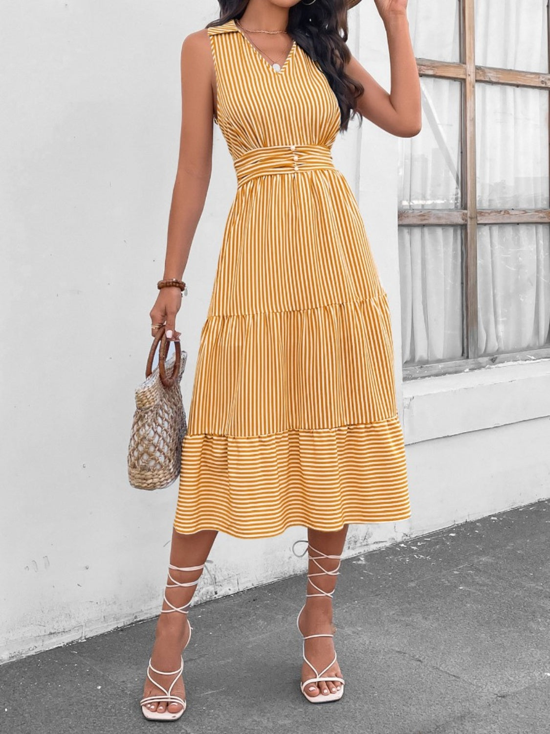 Striped Johnny Collar Sleeveless Midi Dress - US Only