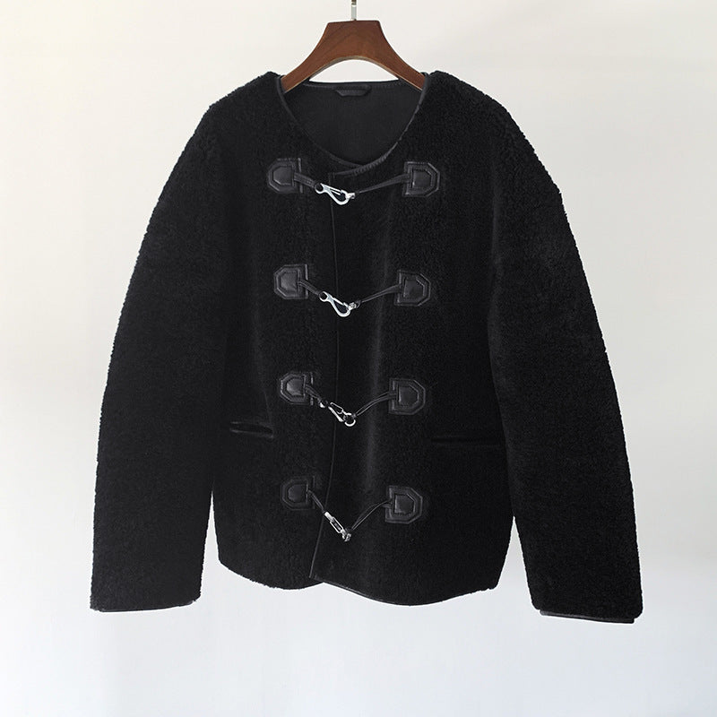 New Metal Leather Ring Fur Stitching Coat