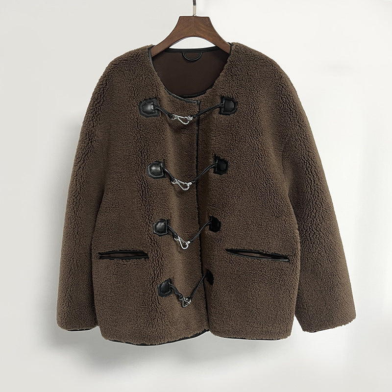 New Metal Leather Ring Fur Stitching Coat