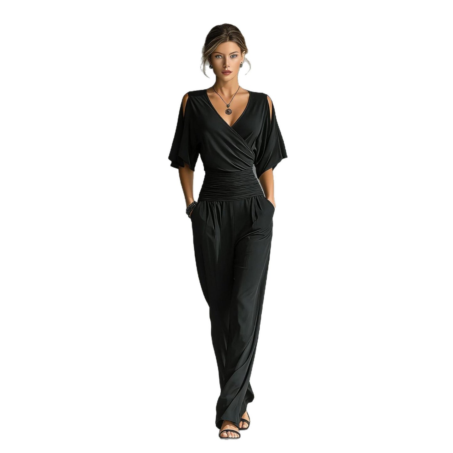 Stylish Elegant Off-Shoulder V-Neck Slim-Fit Jumpsuit For Women