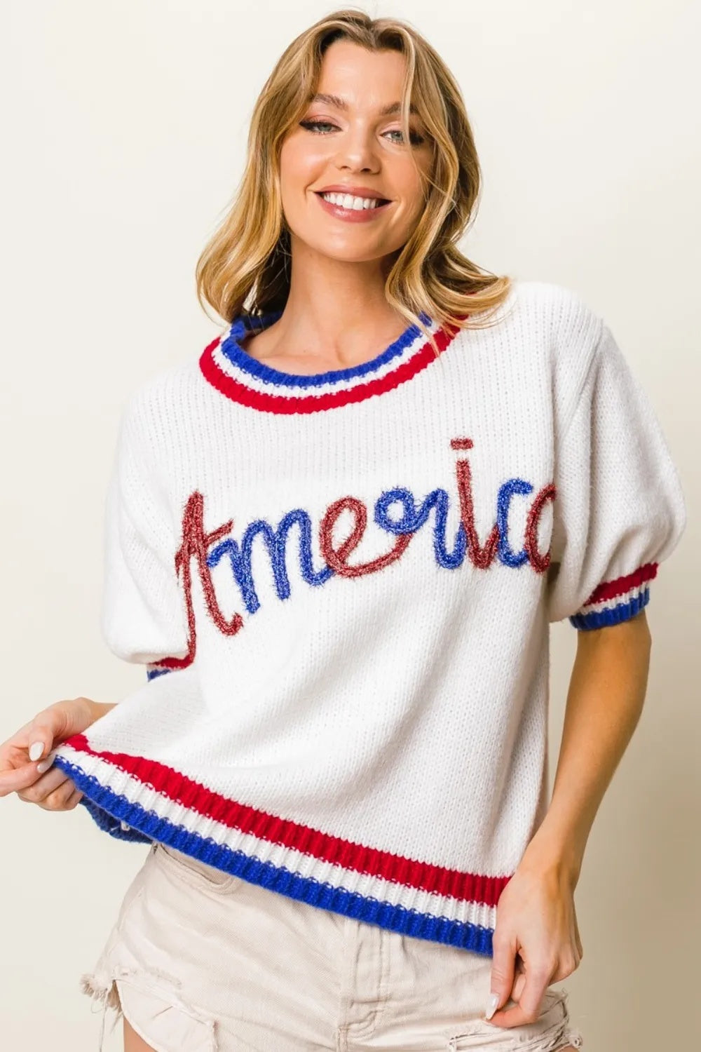 Metallic America Letter Short-Sleeve Sweater - US Only