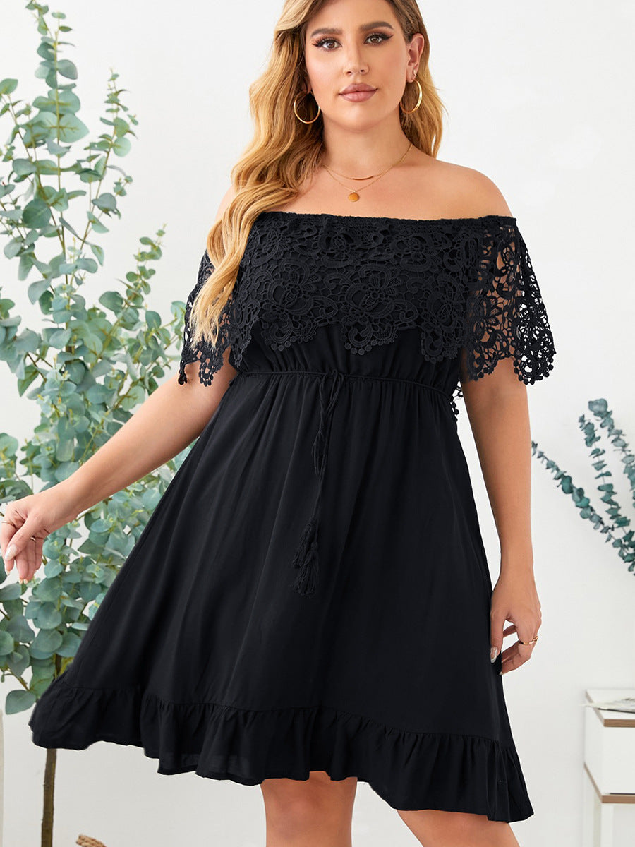 Black Lace Off-Shoulder Ruffled Dress