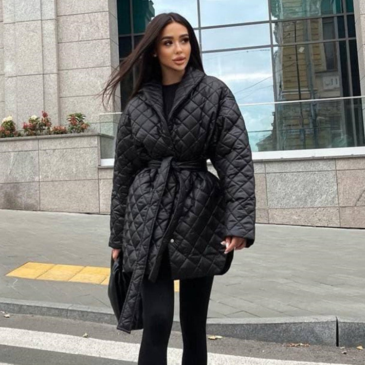 Slim-Fit Lace-Up Lapel Plaid Cotton-Padded Women's Coat