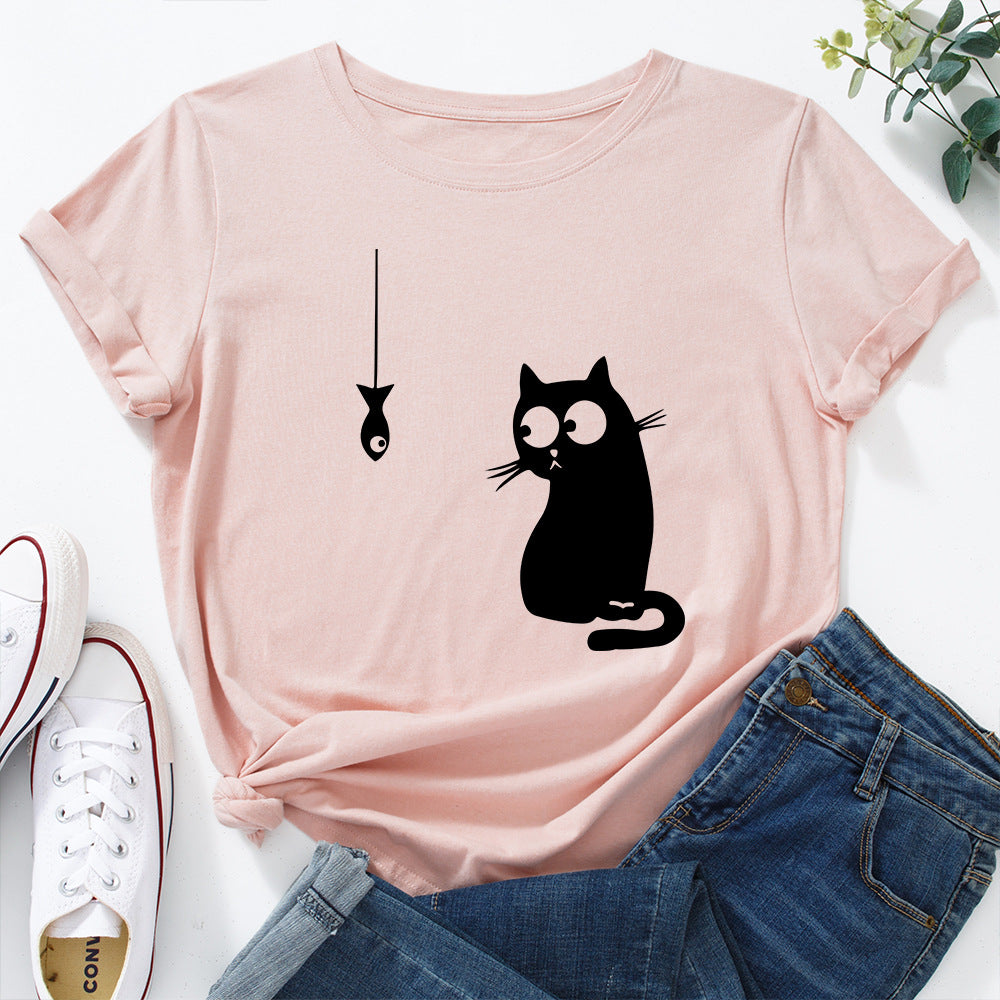 Women's Cute Cat Loose Round-Neck Cotton Short Sleeve T-Shirt