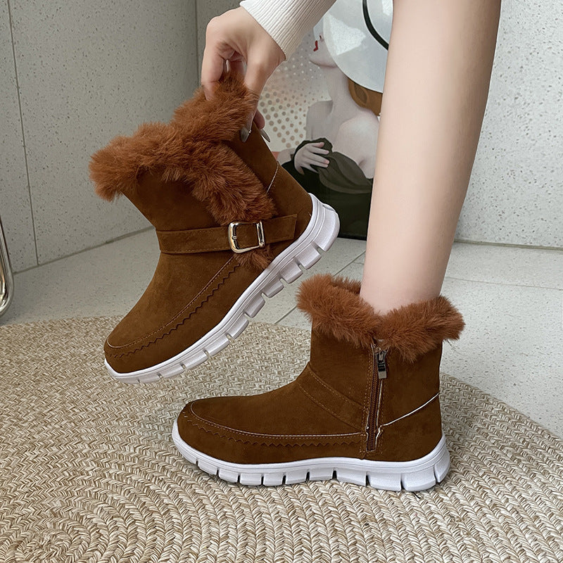 New*****!!!! - Thickened Solid Colour Plush Ankle Snow Boots With Buckle Design