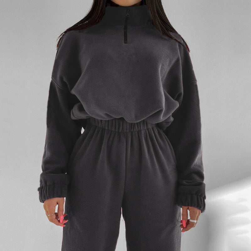 Loose Zipper Stand Up Collar Hoodie Two-piece Set