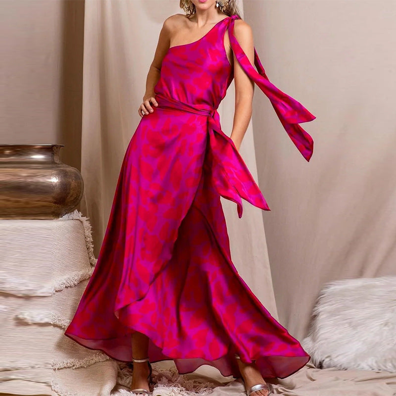 One-Shoulder Lace-Up Girdle Belt Sling Dress