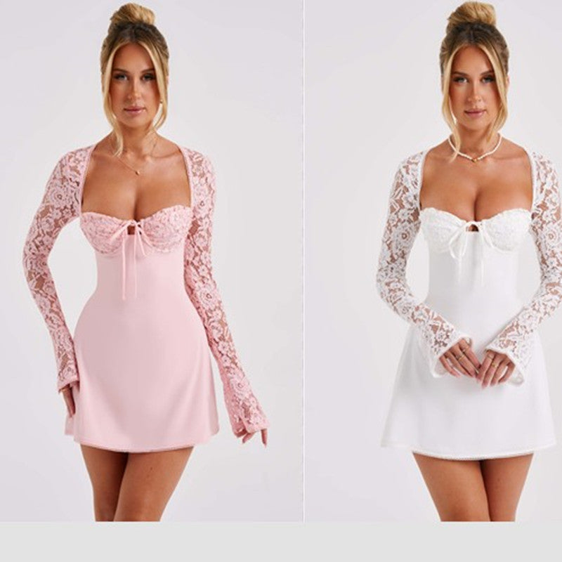 Backless Corset Lace Long-Sleeve Mini Dress