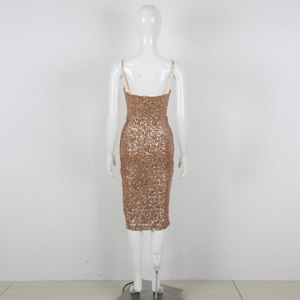Sequins Off-the-Shoulder Tube Top Slim Fit Sheath Long Dress