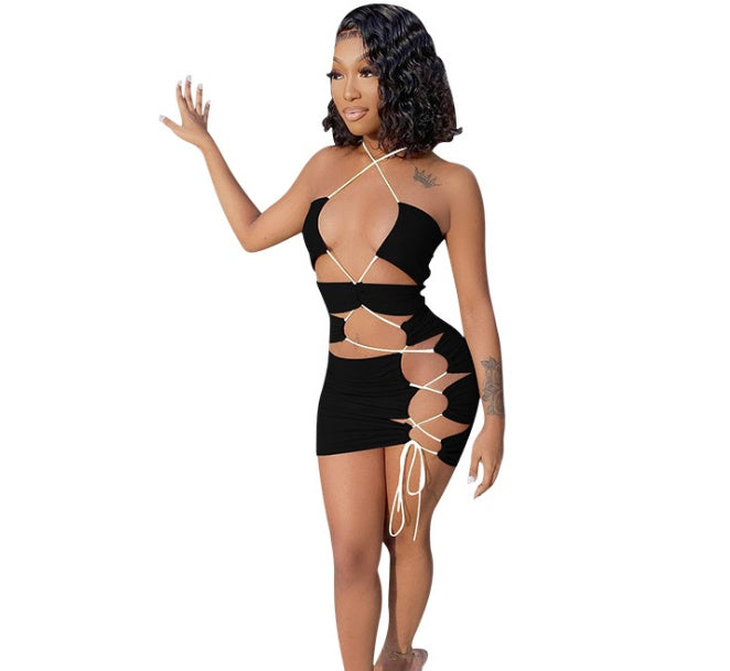 Irregular Drawstring Hollow-Out Mini Dress