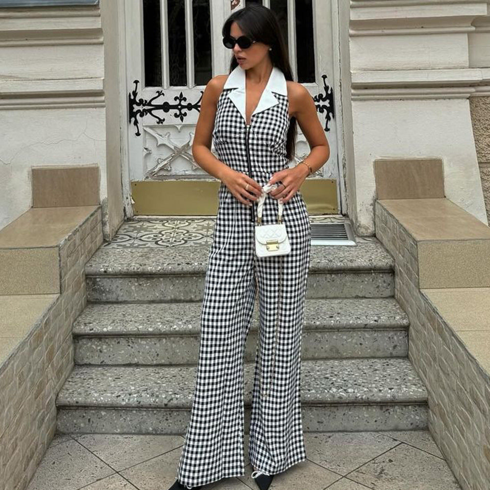 Backless Collar Zipper Jumpsuit