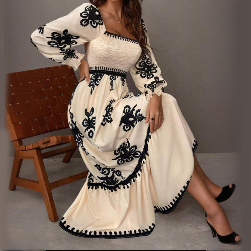 Elegant Retro Geometric Print Lantern-Sleeve Dress - US Only
