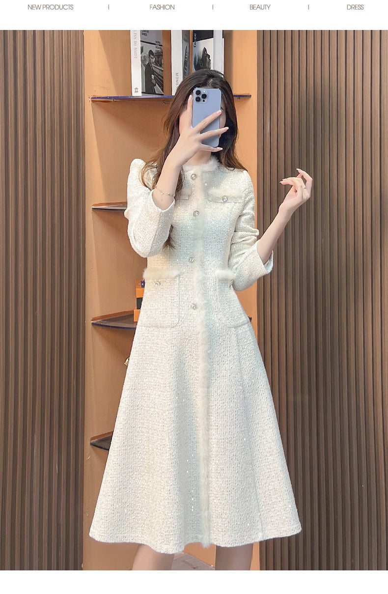 Classic-Style Plush Elegant Socialite High-Sense Warm Long-Sleeve Dress