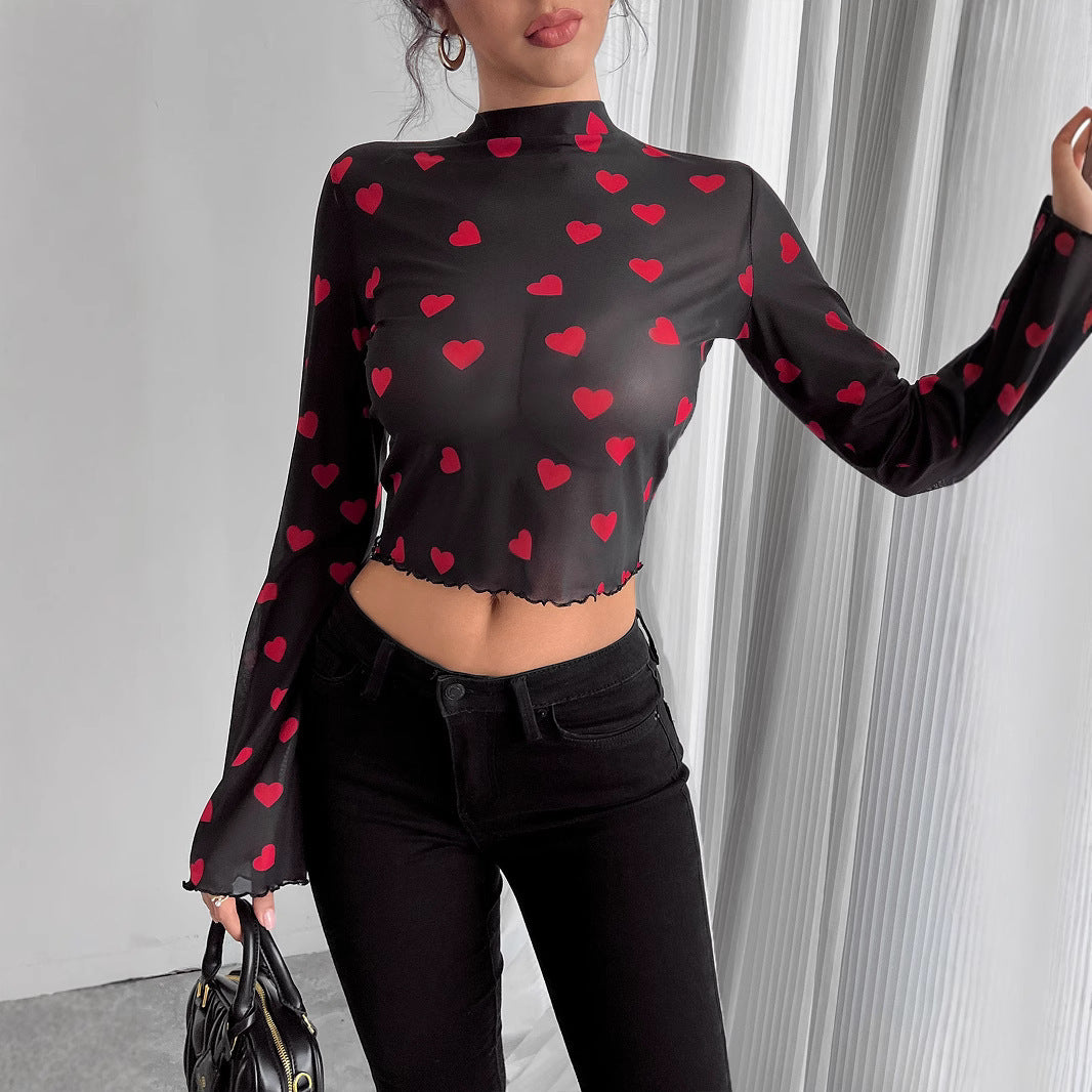Mesh Floral Print Round-neck Flared Sleeves Long Sleeve