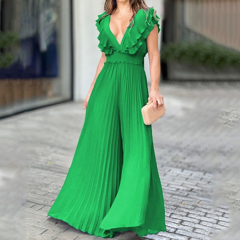 Women's V-Neck Ruffled Pleated Dress