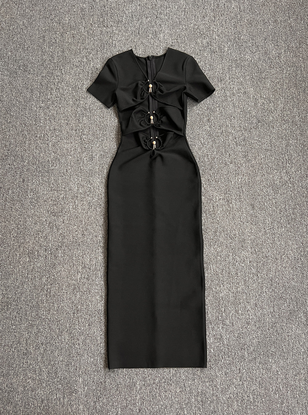 High-Grade Metal Accessories Elegant Long Slim-Fit Short-Sleeve Bandage One-Piece Dress