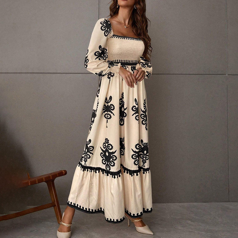 Elegant Retro Geometric Print Lantern-Sleeve Dress - US Only
