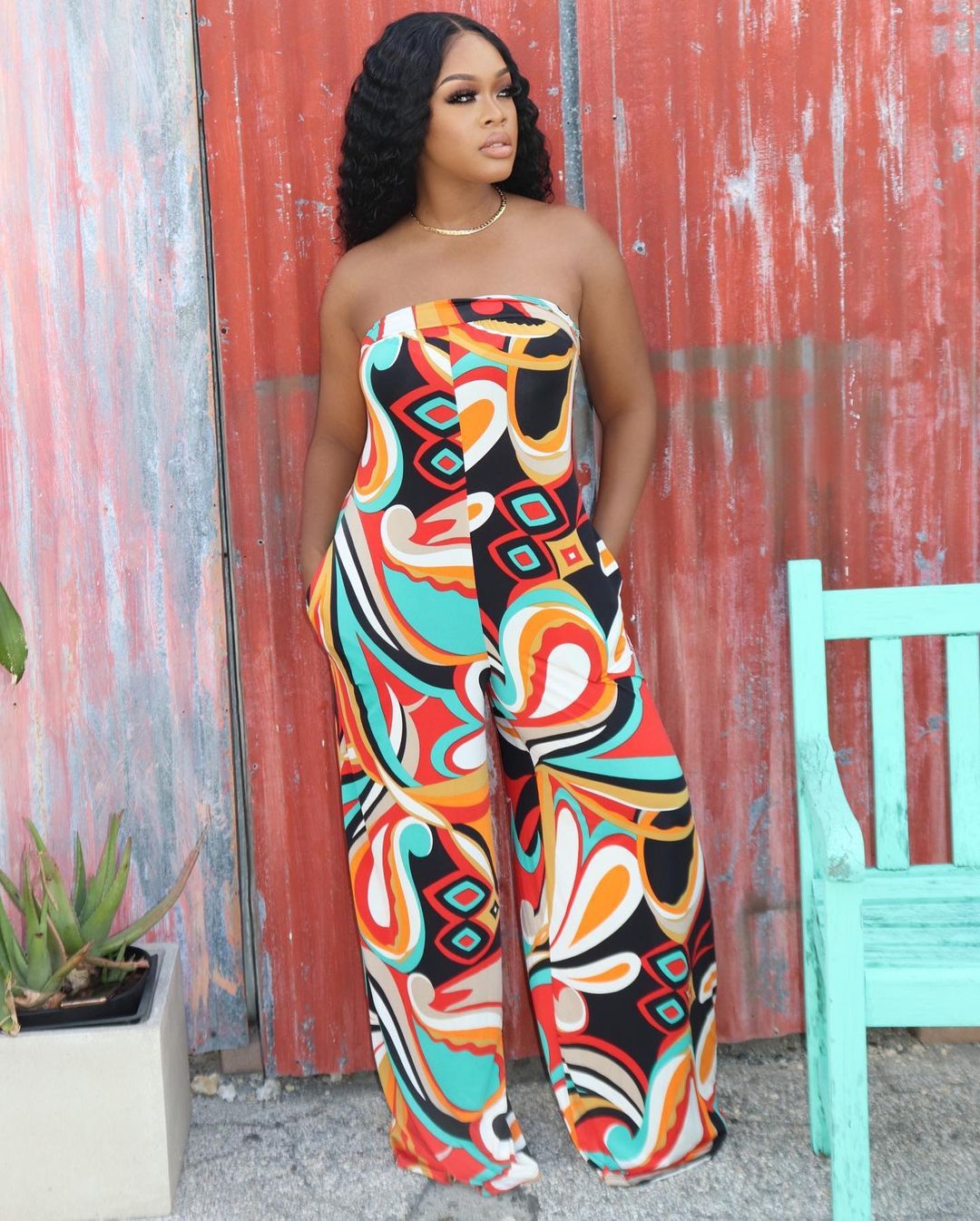 Women's Tube Top Halter Printed Jumpsuit - Wide-Leg Pants