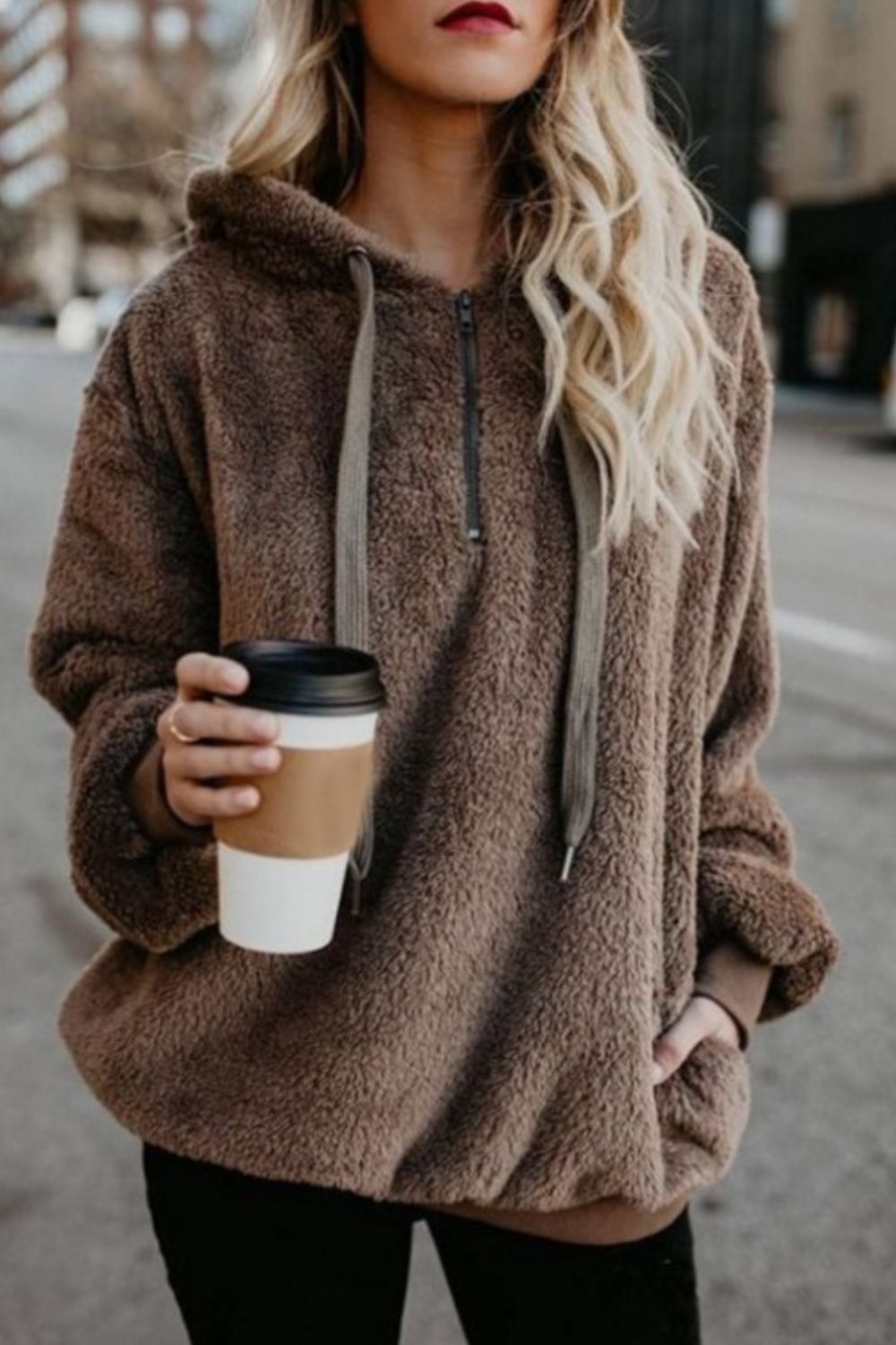 Quarter-Zip Drawstring Teddy Hoodie - US Only