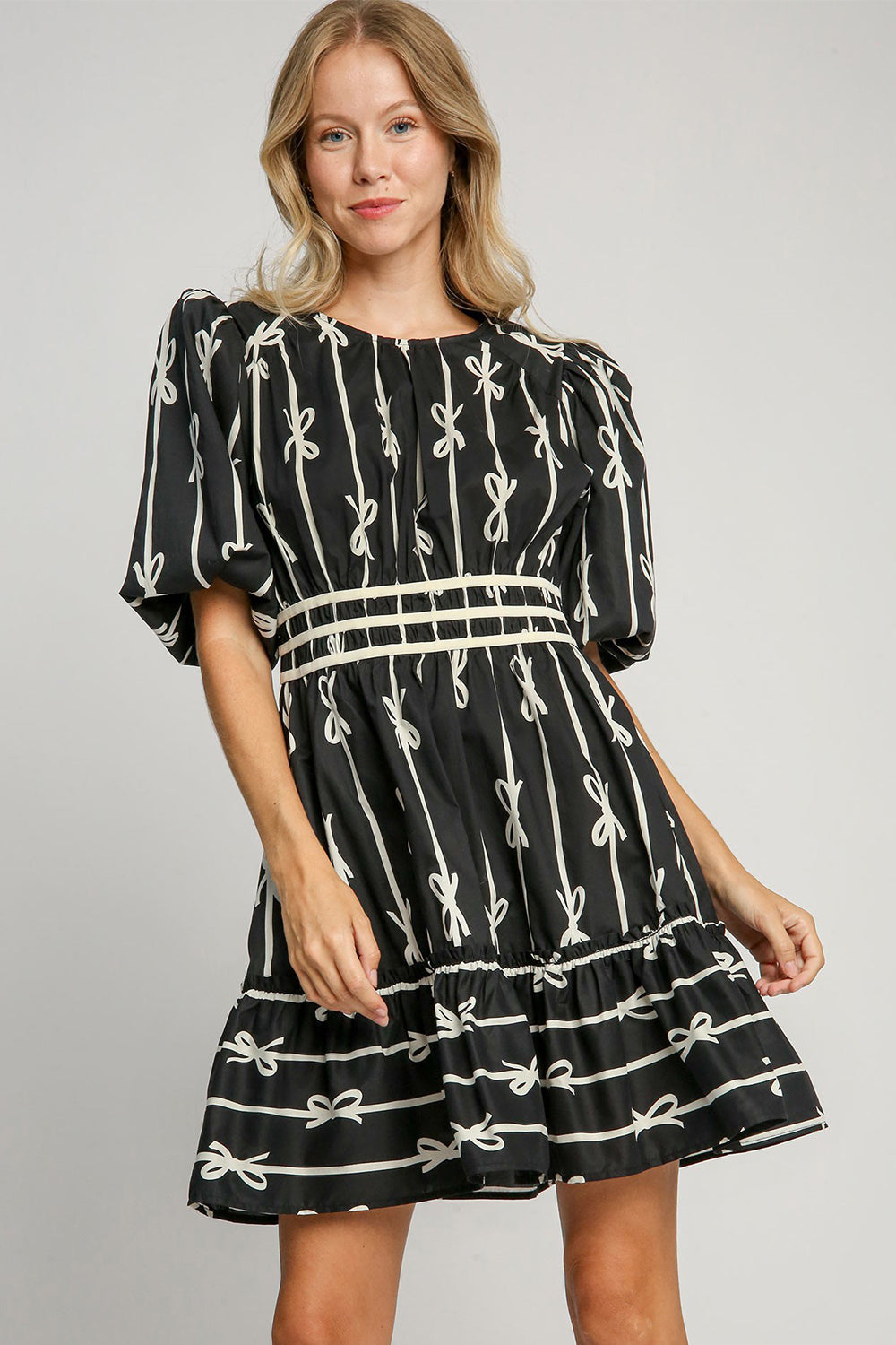 Ribbon Print Frill Contrast Velvet Trim Half-Sleeve Dress - US Only