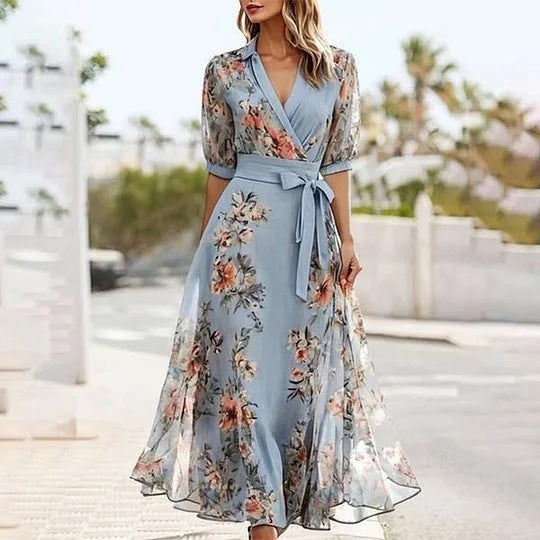 Short-Sleeve V-Neck Thin-Waist Maxi Dress