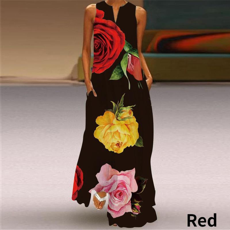 Four-Sided Stretch V-Neck Printed Sleeveless Dress