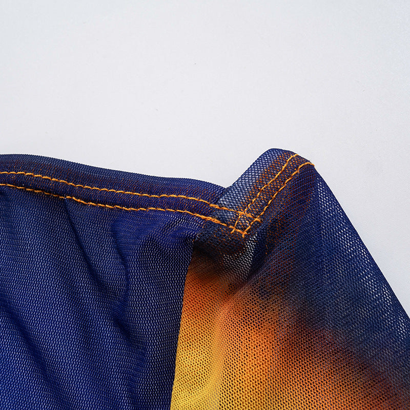 New Mesh Casual Printed Backless Long-Sleeve Lace-Up Maxi Dress