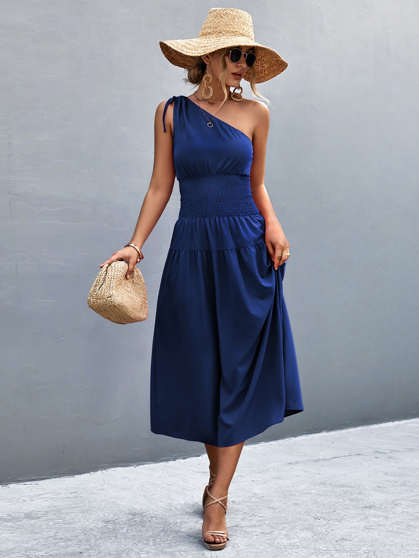 Slant-Shoulder Smocking Dress - European & American Style