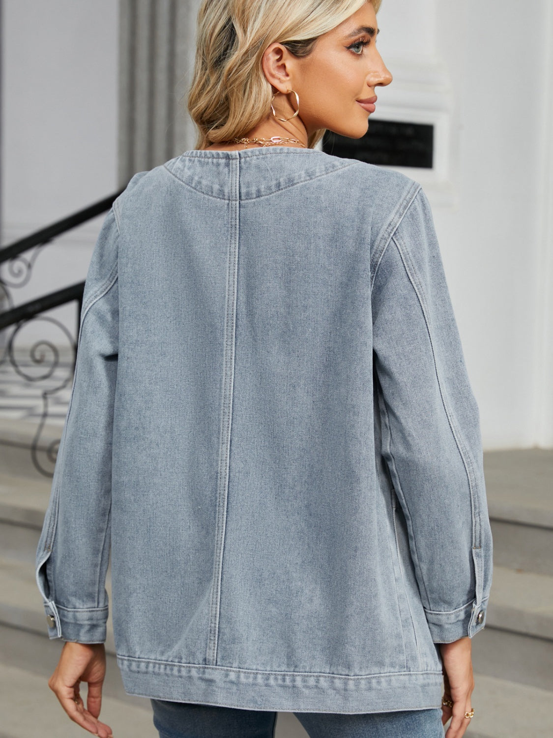 Pocketed V-Neck Button-Up Denim Jacket - US Only