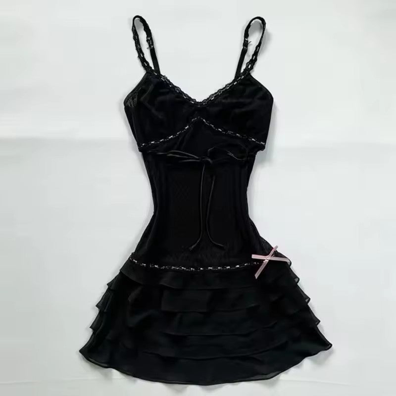 Hot Girl  Bow V-Neck Tight Waist A-Line Dress