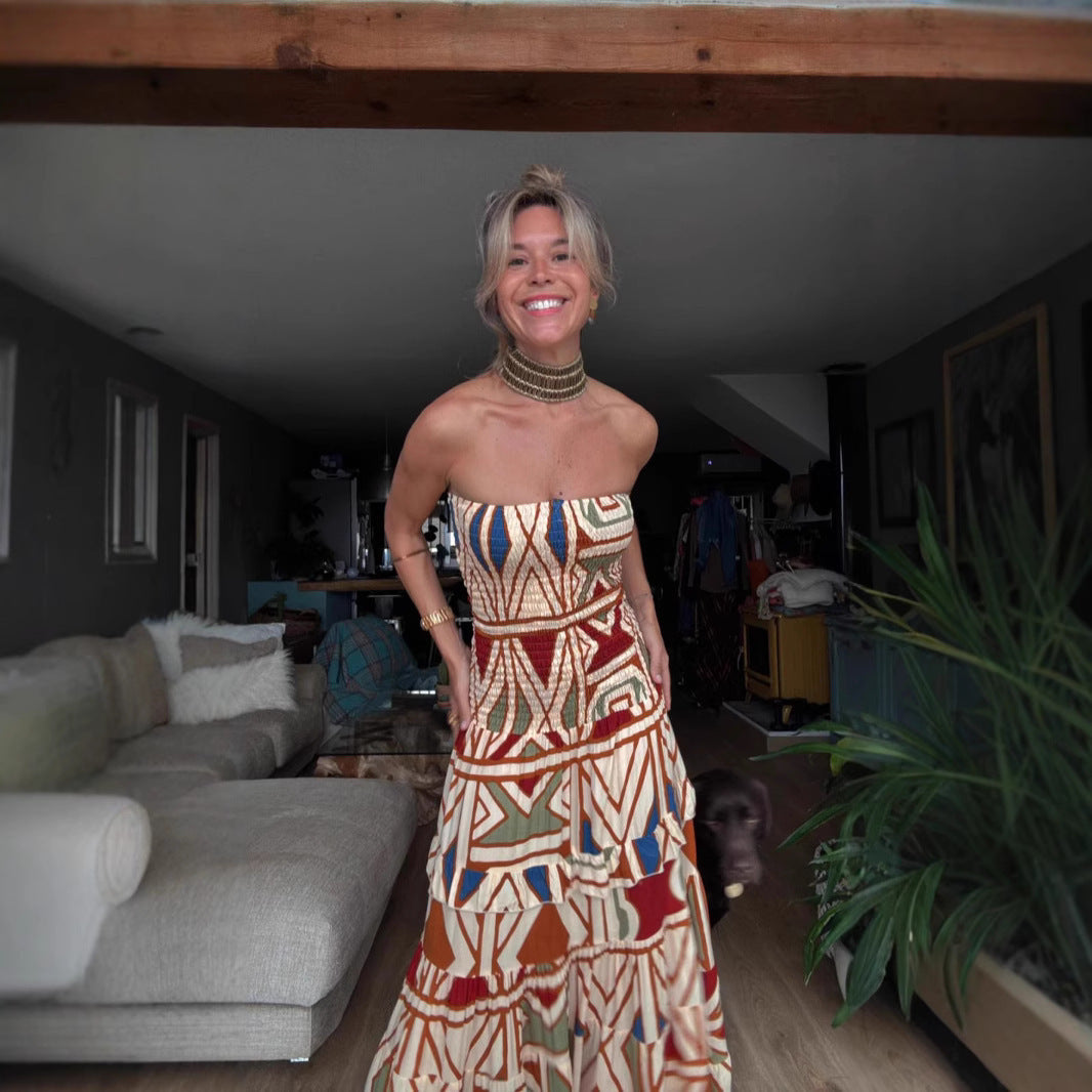Retro High-Waist Printed Maxi Dress