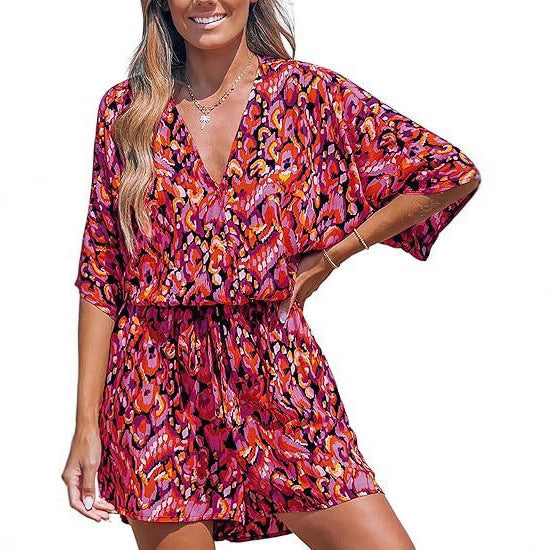 V-Neck Printed Lace-Up Bat Jumpsuit