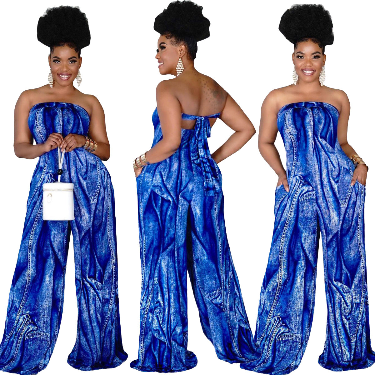 Women's Tube Top Halter Printed Jumpsuit - Wide-Leg Pants